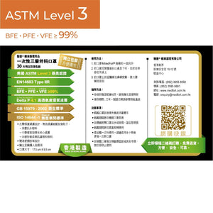 ASTM Level 3 成人裝口罩 (白色口罩綠色耳繩)<br>(新舊包裝隨機發貨)