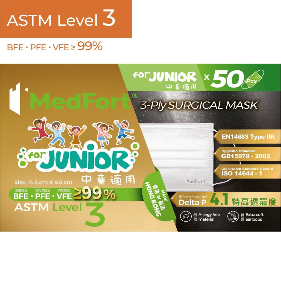 ASTM Level 3 中童/女士裝口罩 <br> (白色口罩綠色耳繩)